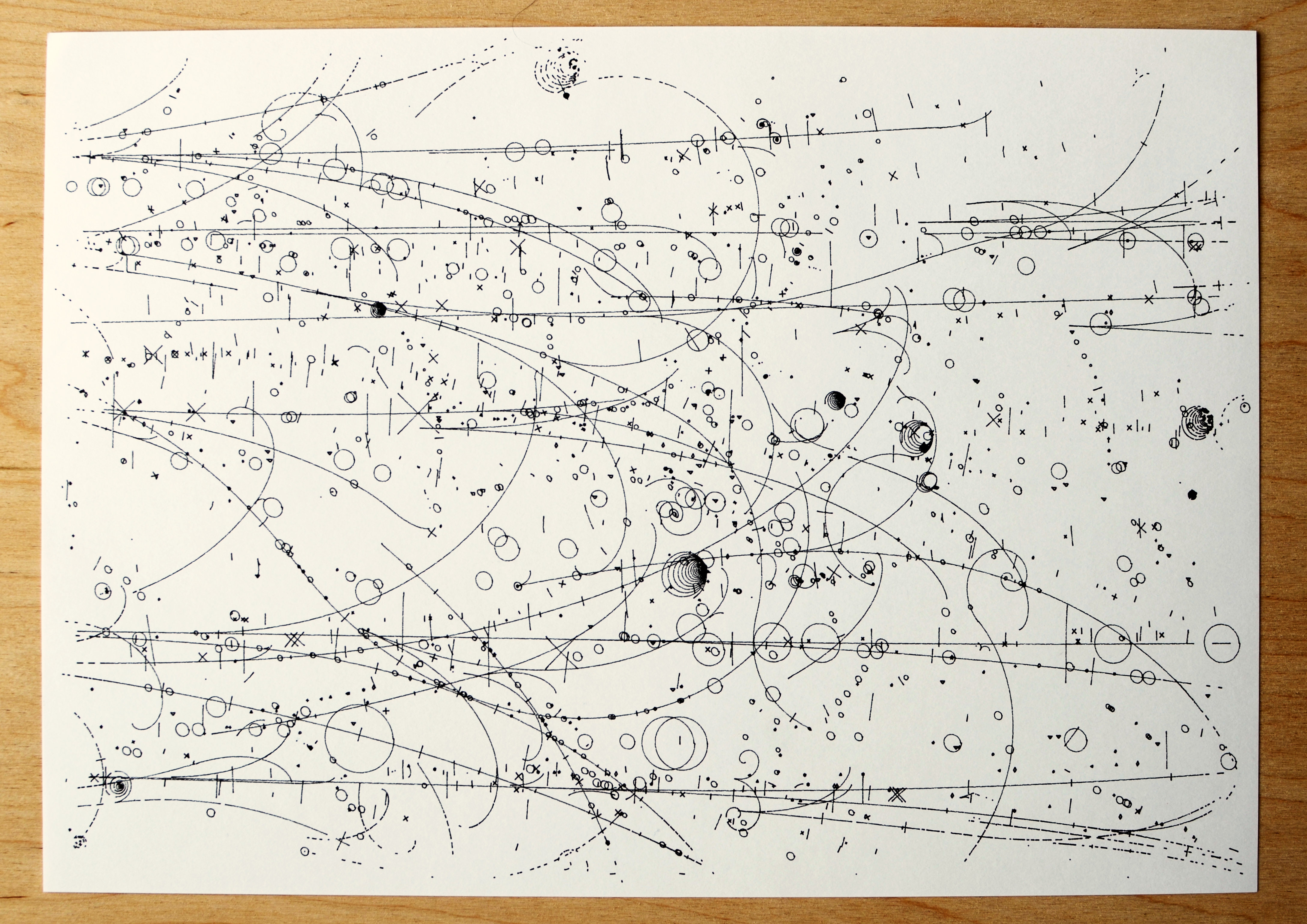 photograph of a plotted diagram, it has lines curving away from the right & symbols clustering along their length