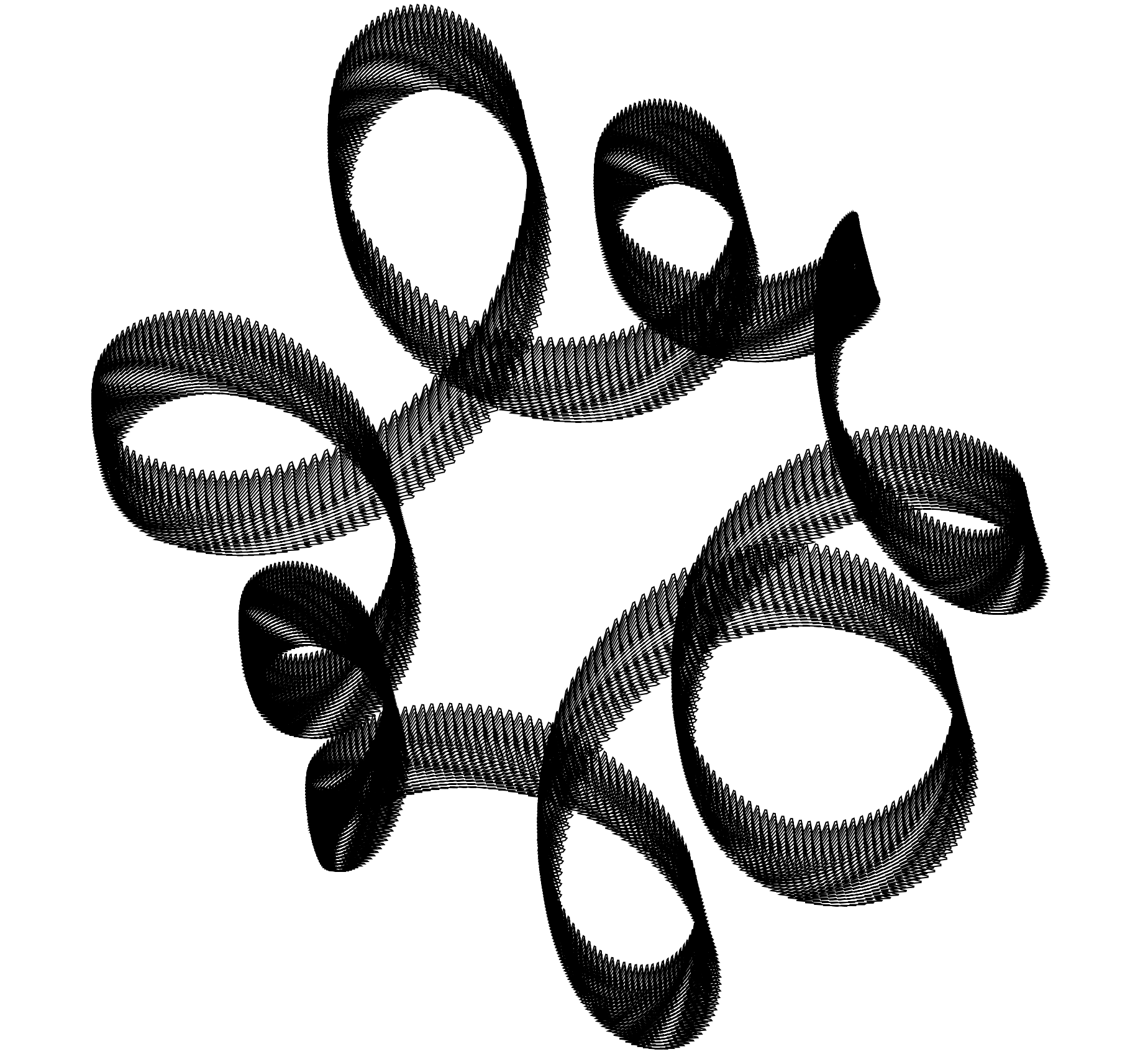 a black line diagram on white. a ribbon with ribbing that loops round on itself several times. 