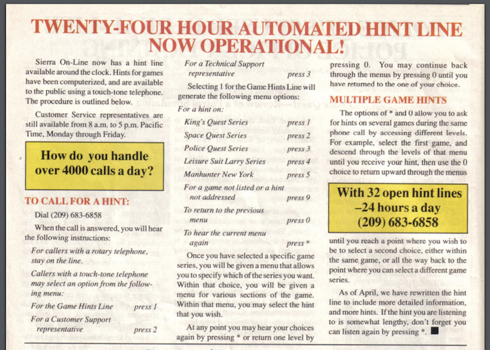 Advert for the Sierra hint line